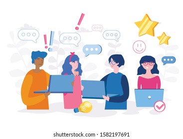 People talking at the computers, team meeting. Vector illustration for web banner, infographics, mobile. Shared working environment. 