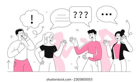 El concepto de la gente que habla. Hombres y mujeres discuten rumores y chismes. Comunicación e interacción. Estudiantes y colegas se comunican. Caracteres con burbujas de voz. Ilustración lineal vectorial