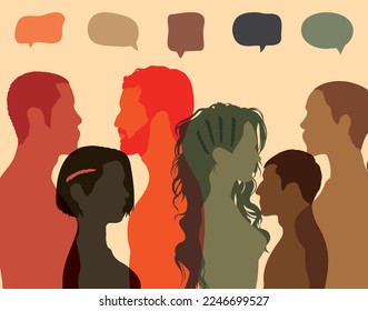La gente habla entre la multitud y personas de diferentes orígenes. La comunicación y las ideas son compartidas por muchas personas multiétnicas. Vector. Una sensación de confusión. Población diversa 
