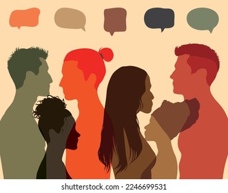 La gente habla entre la multitud y personas de diferentes orígenes. La comunicación y las ideas son compartidas por muchas personas multiétnicas. Vector. Una sensación de confusión. Población diversa 