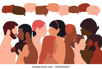 People talking in a crowd. Vector cartoon character profiles. Speech bubbles and communication between people. A diverse group of people in dialogue.