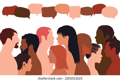 Leute, die in einer Menschenmenge reden. Vektorgrafik-Zeichenprofile. Sprechen Blasen und Kommunikation zwischen Menschen. Eine vielfältige Gruppe von Menschen im Dialog.