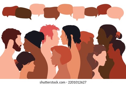 People talking in a crowd. Vector cartoon character profiles. Speech bubbles and communication between people. A diverse group of people in dialogue.