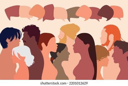 People talking in a crowd. Vector cartoon character profiles. Speech bubbles and communication between people. A diverse group of people in dialogue.