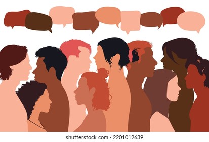 People talking in a crowd. Vector cartoon character profiles. Speech bubbles and communication between people. A diverse group of people in dialogue.