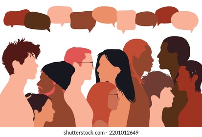 People talking in a crowd. Vector cartoon character profiles. Speech bubbles and communication between people. A diverse group of people in dialogue.