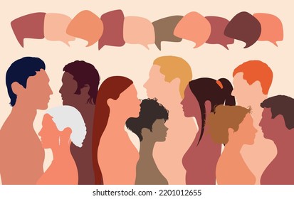 People talking in a crowd. Vector cartoon character profiles. Speech bubbles and communication between people. A diverse group of people in dialogue.