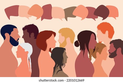 People talking in a crowd. Vector cartoon character profiles. Speech bubbles and communication between people. A diverse group of people in dialogue.