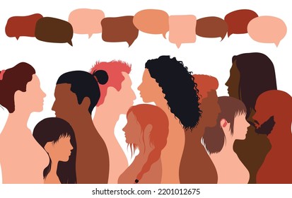 People talking in a crowd. Vector cartoon character profiles. Speech bubbles and communication between people. A diverse group of people in dialogue.