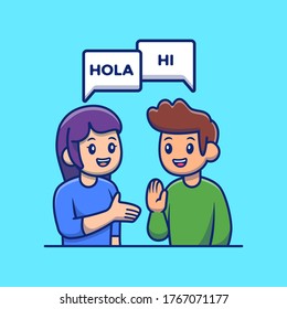 People Talking With Different Language Cartoon Vector Icon Illustration. Language Exchange Icon Concept Isolated Premium Vector. Flat Cartoon Style