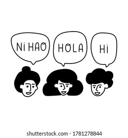 People talking in different languages. Bilingual concept. Hand drawn vector illustration on white background.