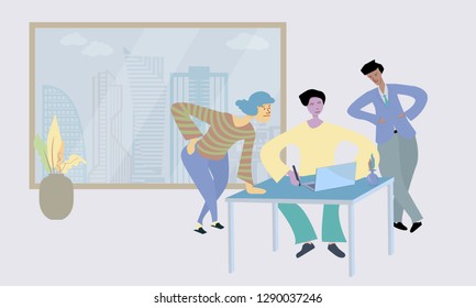 People talking and discussion at the computers in the open space office with view of city at background. vector illustration.