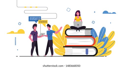 People talking distance education banner, e-learning, online courses, tutorials. website concept landing site page design templates. Modern vector illustration