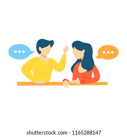 People talking to each other. Dialog betwen man and woman with speech bubbles. Communication and business conversation. Isolated flat vector illustration