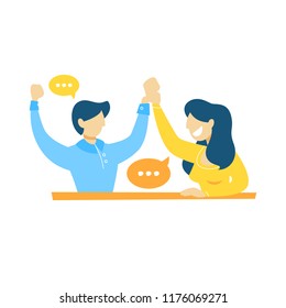 People talking to each other. Dialog betwen man and woman with speech bubbles. Communication and business conversation. Isolated flat vector illustration