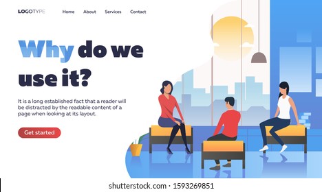 People talking to each other indoors. Bench, building, sitting flat vector illustration. Free time and leisure ativity concept for banner, website design or landing web page