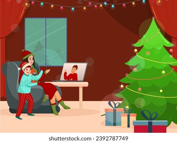 La Gente Hablando Entre Sí En Video Call Con Árbol De Navidad, Cajas De Regalos Y Sala De Estar Decorada Con Jardines Iluminantes.