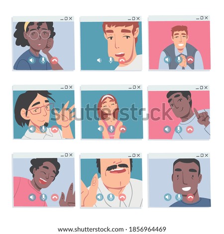 People Talking to Each Other on Computer Screen Set, Friends or Colleagues Having Conference Video Calls, People Working from Home, Social Distancing Vector Illustration