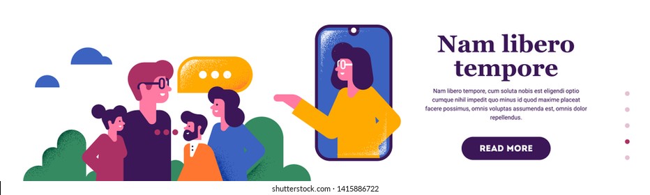 People are talking to each other using a mobile application. Woman is speaking from the screen of the smartphone. Mobile app for communication, learning foreign languages and co-working. Vector.