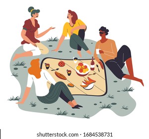 People talking and eating on picnic, gathering of friends communicating. Women and man enjoying company discussion, consuming food. Fruits and drinks served on blanket on ground, vector in flat