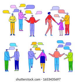 Menschen, die sprechen, flache Cartoon-Charaktere Dialog, Freunde und Familiengespräche, Vektorillustration-Illustration. Einfache Mann und Frau einzeln auf Weiß, Sprechblase. Geschäftspartner und Paarreden