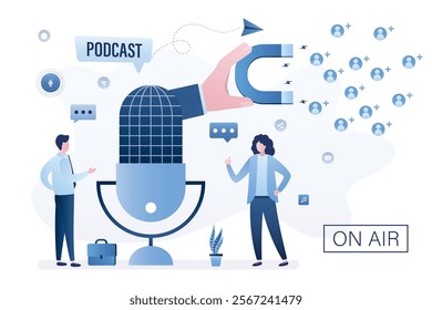 People talking in giant mic. Blogger or radio station attract new followers and subscribers. Radio host at workplace. Podcaster talking with guest. Media characters create media content. flat vector