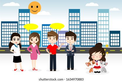People talking in good weather flat composition, Happy and smiling on summer sunny day. Vector cartoon illustration.