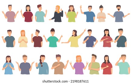 People talking with hand gesture icons set cartoon vector. People say. 