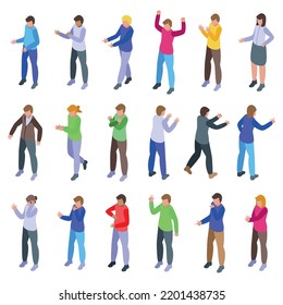 People talking with hand gesture icons set isometric vector. Say people. Hello deaf