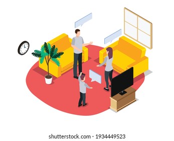 People talking at home 3D isometric vector concept for banner, website, illustration, landing page, flyer, etc
