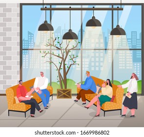 People talking at home reception with drinks and desserts. Friends spending time together sitting on sofas and speaking. Loft interior with big windows and urban view through it. Vector illustration