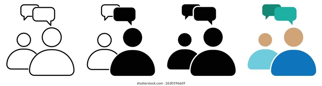 pessoas falando conjunto de ícones. sinal de símbolo de ícone de estilo plano e linha. Ícones de conversação e comunicação, ícone de balão de conversação ou bate-papo. Ilustração de vetor.