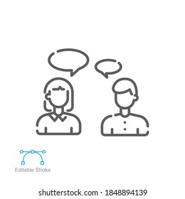 People Talking Icon. Social Forum Communication On Social Media. Two People Debate And Speaking On Phone. Line Outline Pictogram Editable Stroke. Vector Illustration. Design On White Background EPS 10