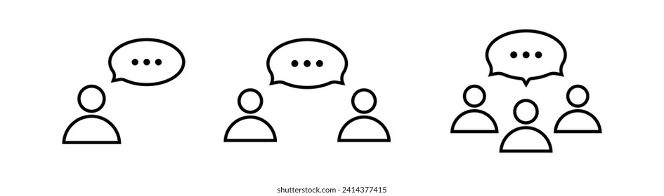 Leute, die eine Zeile Symbol gesetzt haben. Gruppe von Menschen Symbol mit Blasen einzeln auf weißem Hintergrund. Einfache abstrakte Diskussion Vektorsymbol in Schwarz. Vektorgrafik für Grafikdesign, Web.