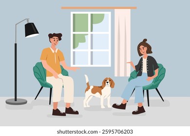 People talking in the living room. Cozy living room. Couple talking. Friend conversation. 