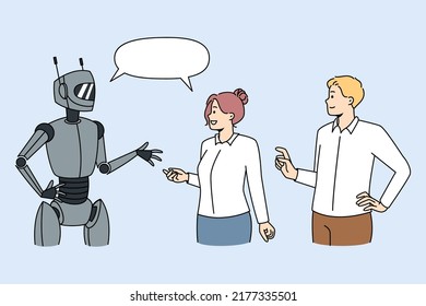 People talking with modern robot. Clients or users communicate with humanoid or chatbot get help support. Ai and technology concept. Vector illustration. 