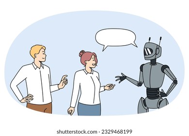 Gente hablando con robots modernos. Los clientes o usuarios se comunican con humanoid o chatbot reciben ayuda. Ai y concepto de tecnología. Ilustración vectorial.