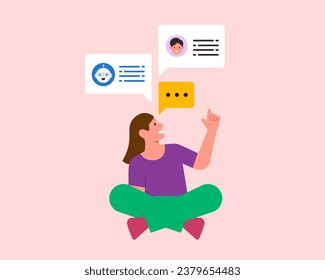 People talking with modern robot. Clients or users communicate with humanoid or chatbot get help support. Ai and technology concept. Vector illustration.