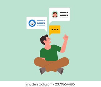 People talking with modern robot. Clients or users communicate with humanoid or chatbot get help support. Ai and technology concept. Vector illustration.