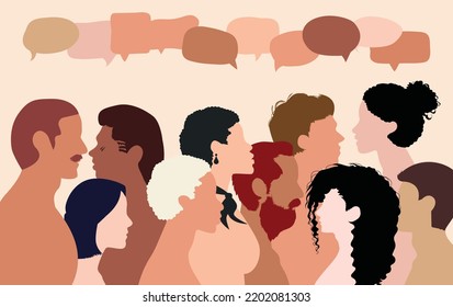 People talking in a multicoloured group on a network. People communicating through a speech bubble. A social network and dialogue between people from different ethnicities.