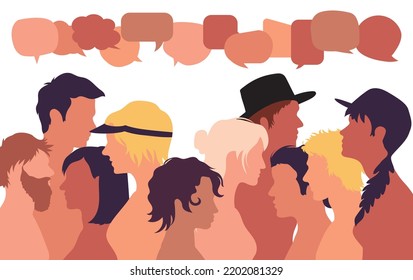 Menschen, die in einer mehrfarbigen Gruppe in einem Netzwerk sprechen. Menschen, die durch eine Sprechblase kommunizieren. Ein soziales Netzwerk und Dialog zwischen Menschen aus verschiedenen ethnischen Gruppen.
