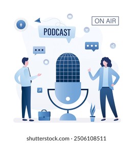 People talking near giant mic. Radio host at workplace. Podcaster or blogger talking with guest. Media characters create media content. Broadcaster at workspace. Live stream. flat vector illustration