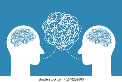 People Talking Nonsense Speech. Head Of Person With Tangled Line Inside. Poor Communication, Not Understanding, Confused Speech, Unclear Explanations. Vector Illustration