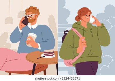 People talking on mobile phone. Couple conversation, dialogue, communication via cellphone call. Happy young man and woman friends speaking, chatting on smartphone, cell. Flat vector illustration