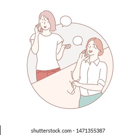 People talking on the phone. Hand drawn style vector design illustrations.