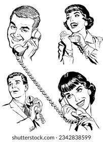 People Talking On The Phone -  Retro Clip Art Illustration