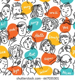People talking on the phone, take a selfie, write a message. Seamless pattern.