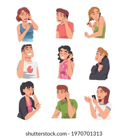 People Talking on Phones Set, Women and Men Using Smartphone in Friendly, Family or Business Communication Cartoon Vector Illustration