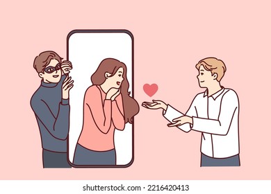 People talking online on dating app on smartphone with hacker steal personal data. Man and woman chat on web application on cellphone. Vector illustration. 