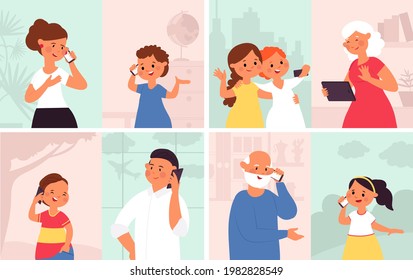 People talking phone. Man listening, phones talk persons. Young girls video call, cartoon mobile conversations. Smartphone chat decent vector set